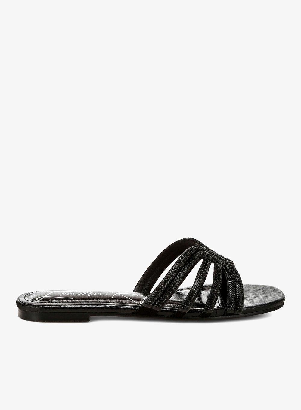 London Rag Black Rhinestone Cut-Out Flat Sandals - Image 1