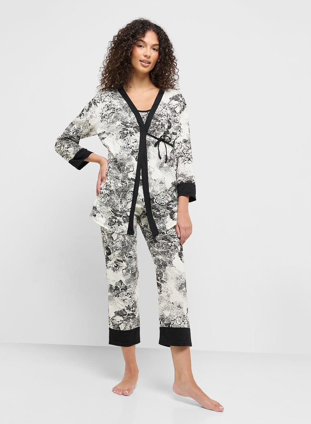 3Pc Monochrome Cami Shirt Pyjama Lounge Set - Image 1