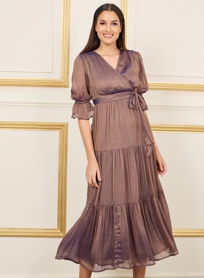 Styli Lurex Striped Chiffon Tiered Midi Dress Tie Waist - Image 1