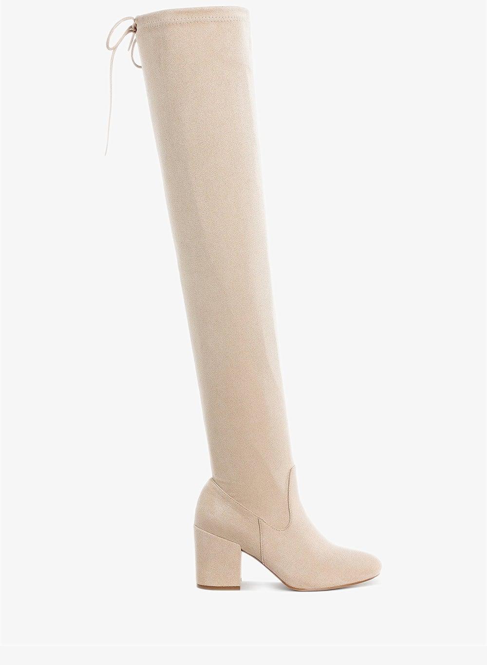 Beige Microfiber Drawstring Knee-High Boots - Image 1