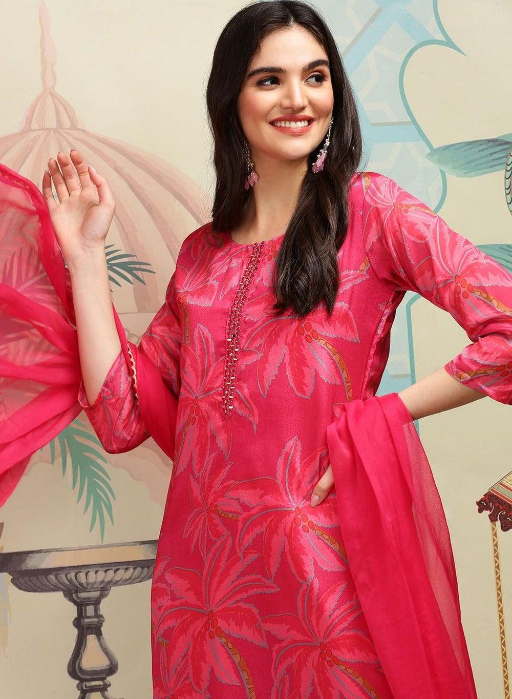 Red Self Design Palazzo Kurta Set in Poly Chinon - Image 1