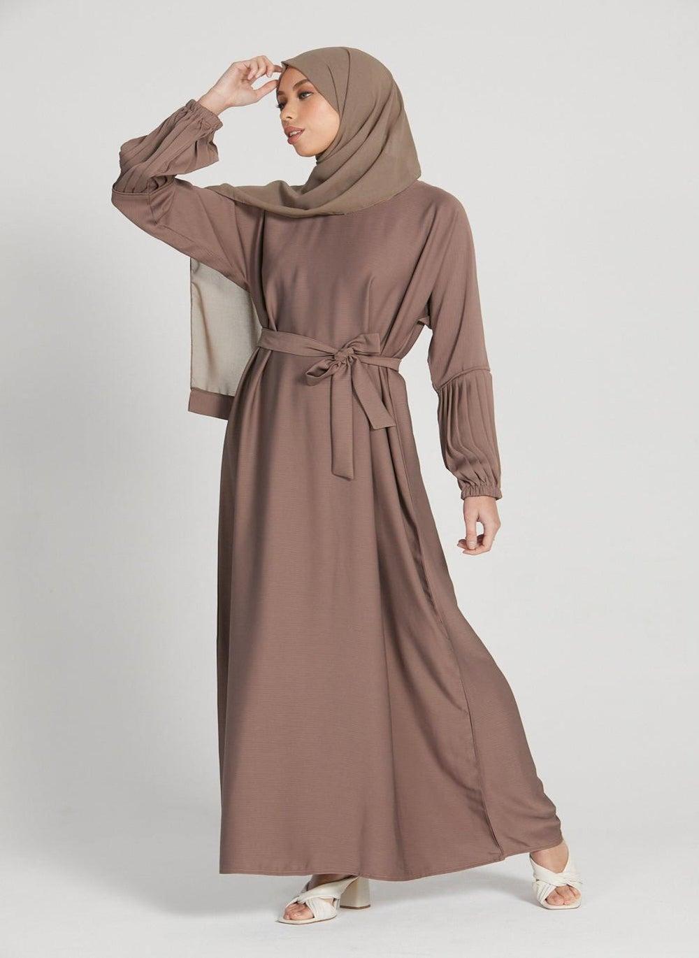 Elegant Brown Abaya AB75 with Belt & Hijab - Image 1