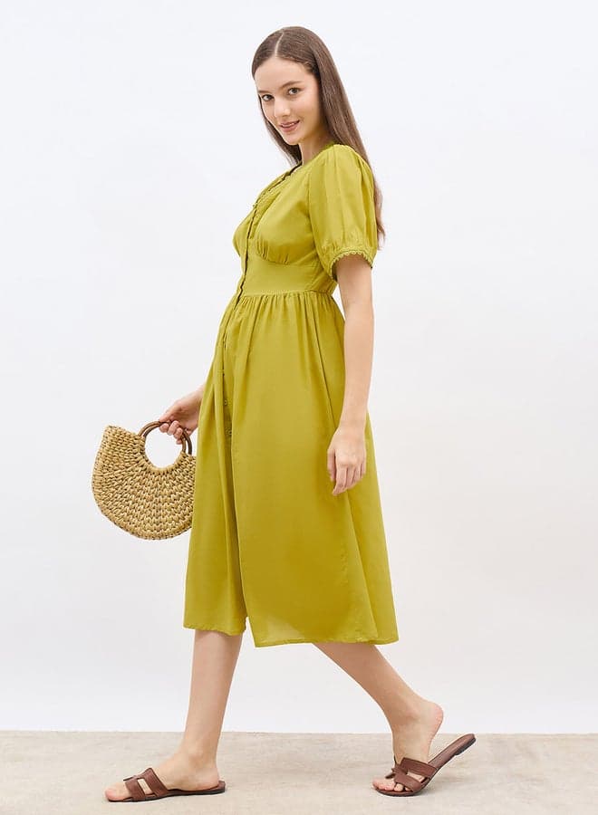 Lace Trim Puff Sleeve A-Line Midi Dress - Image 1
