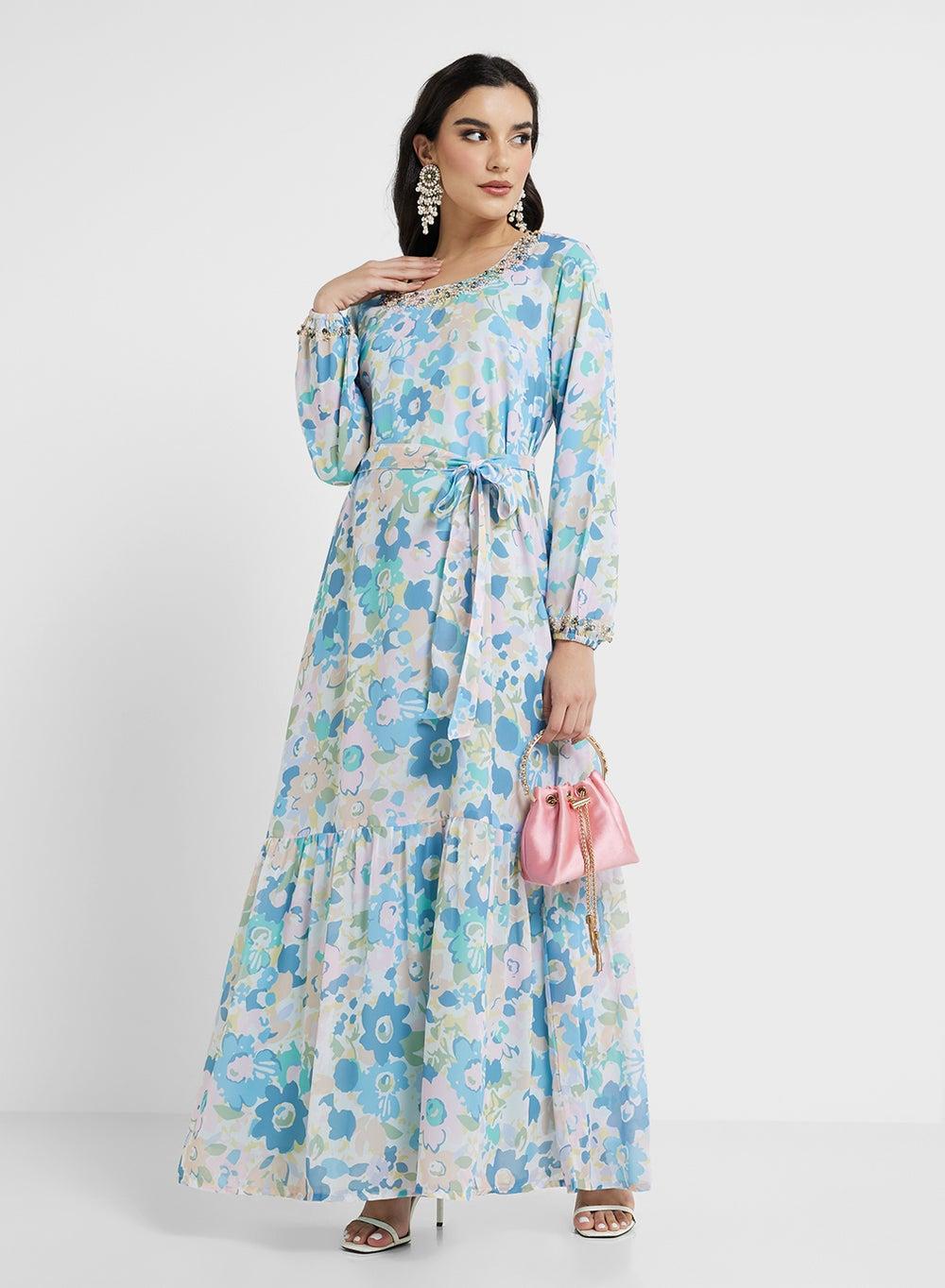 AM411 Georgette Tiered Floral Dress with Embellished Yoke - Image 1