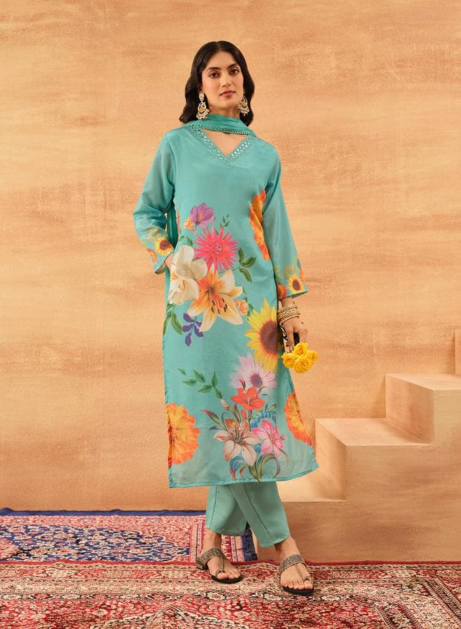 Sky Blue Chinon Printed Kurta Set with Palazzo - Image 1