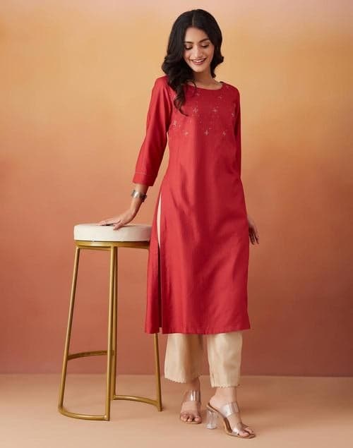 Red Viscose Silk Slim Fit Long Kurta - Image 1