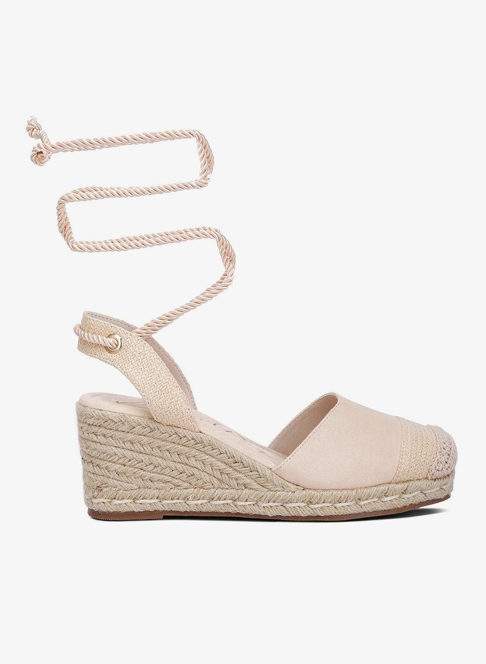Beige Lace-Up Crochet Espadrille Wedges - Image 1