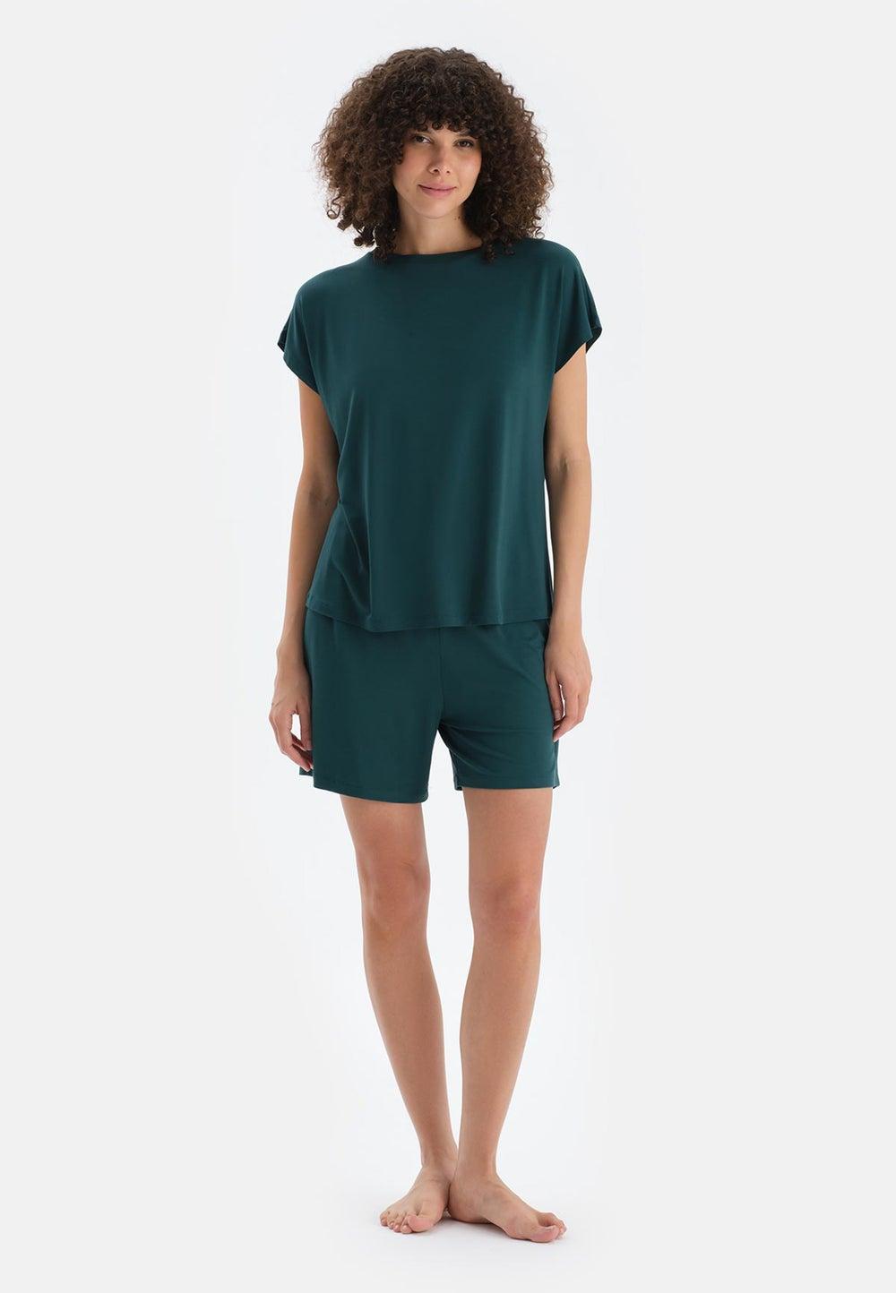 Mid Rise Green Square Neck Viscose Nightwear Set - Image 1