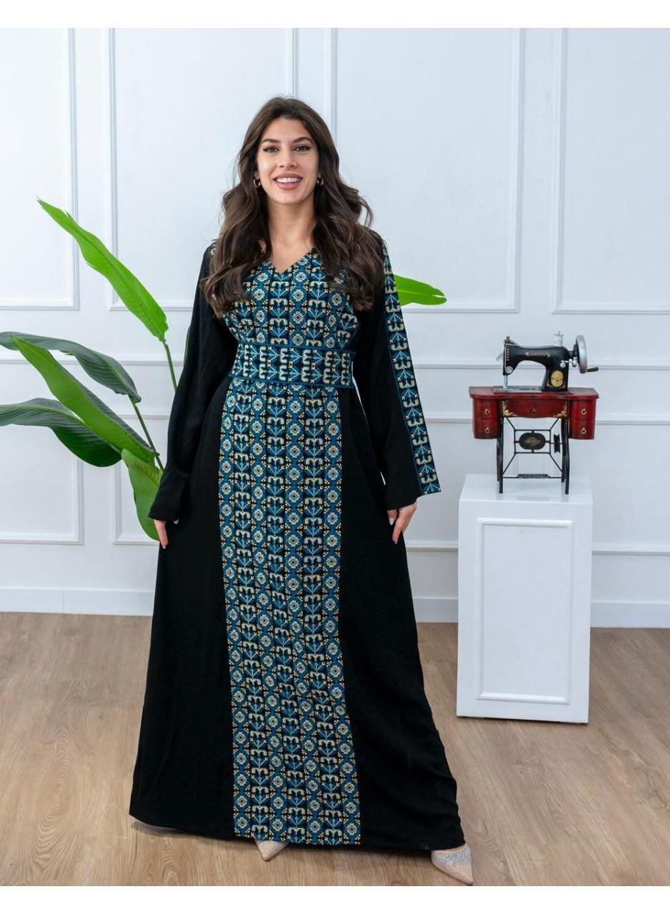 Embroidered Jalabiya Dress with Elegant Belt Detail - Image 1