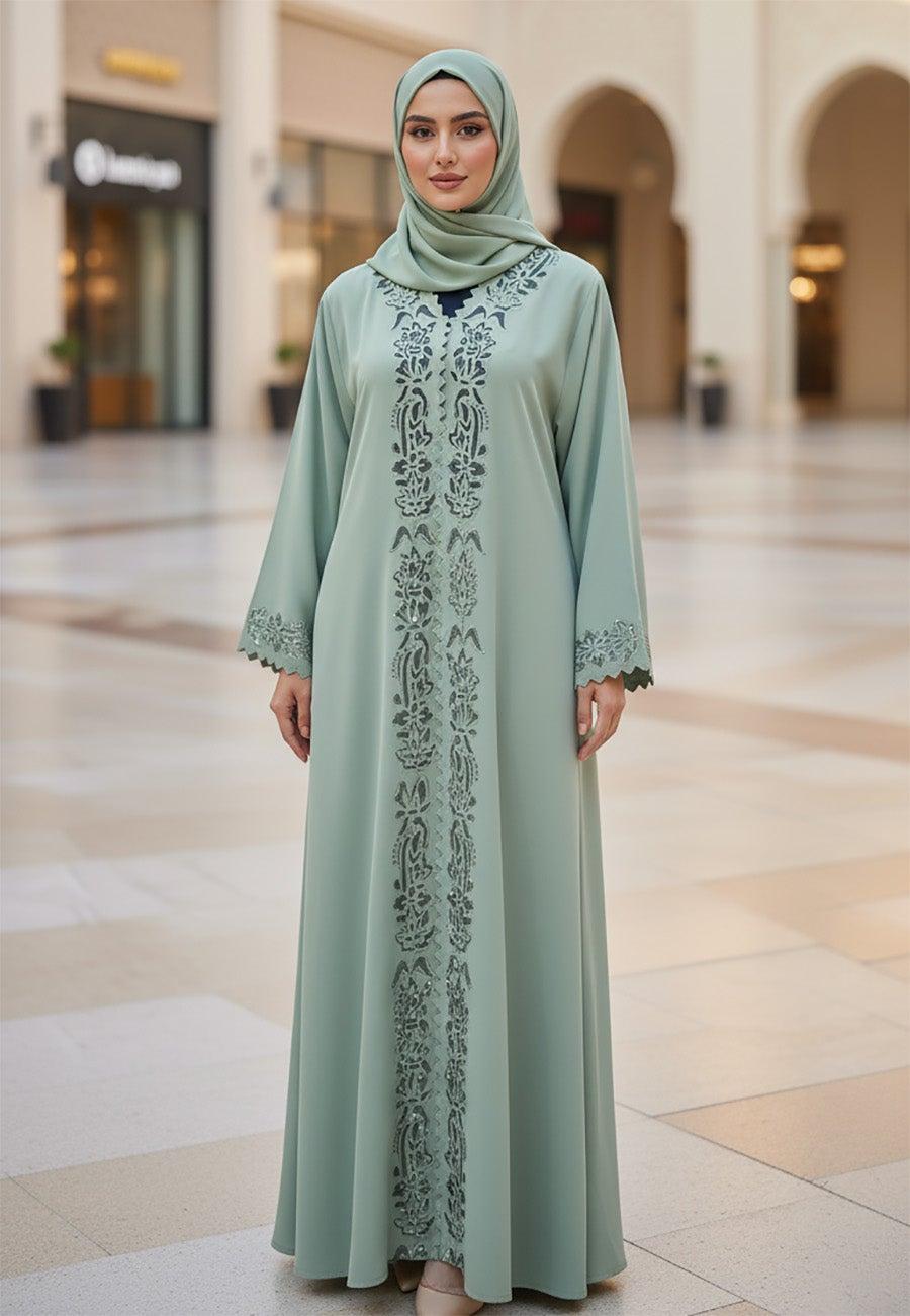 Soft Sage Embroidered Abaya Nida Fabric-800 - Image 1