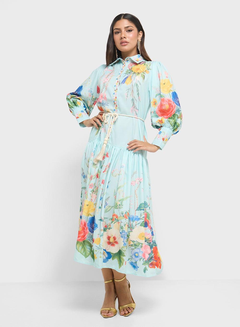 Light Blue Floral Print Tiered Midi Dress - Image 1