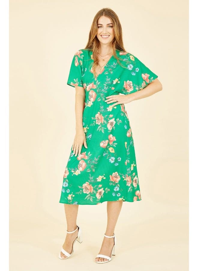 Green Floral Midi Dress with Flowy Sleeves - Image 1