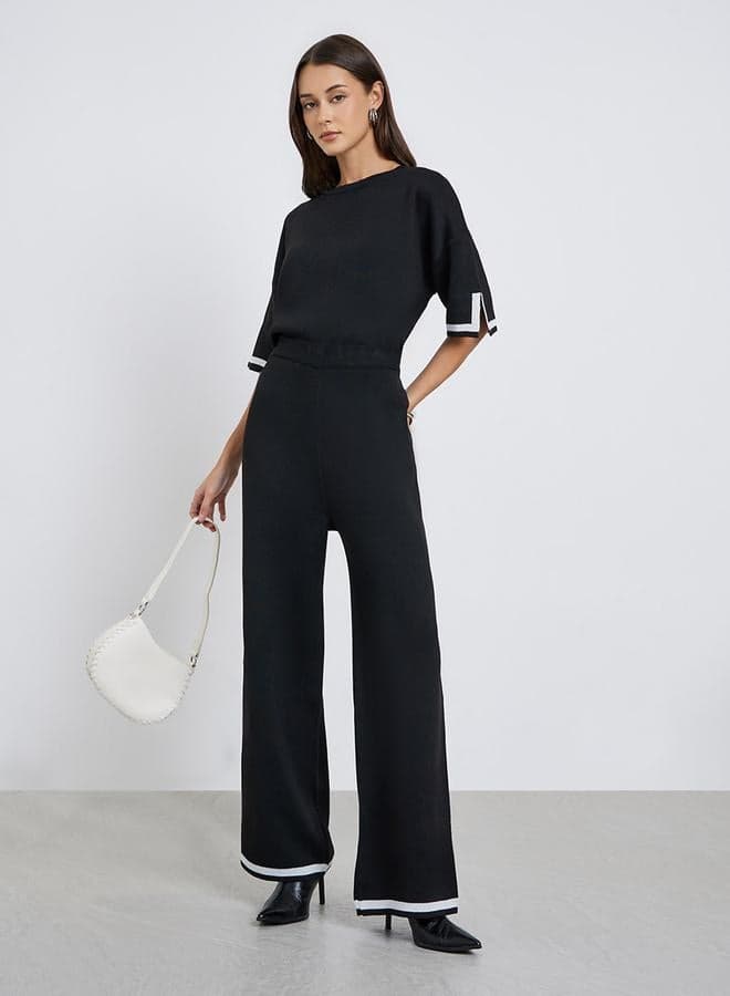 Styli Wide Leg Knit Pants with Contrast Trim - Image 1