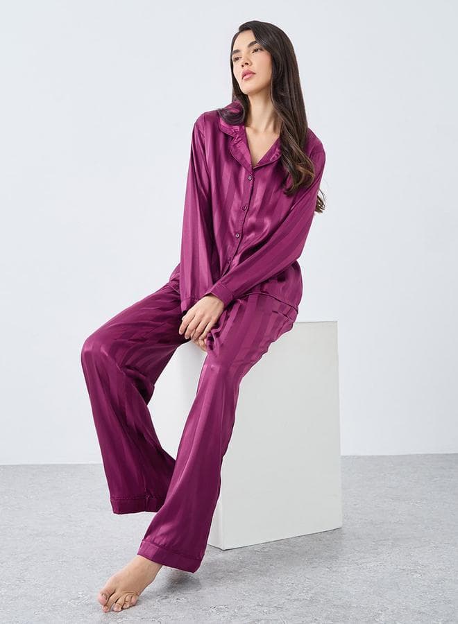 Styli Satin Jacquard Striped Pyjama Set - Image 1