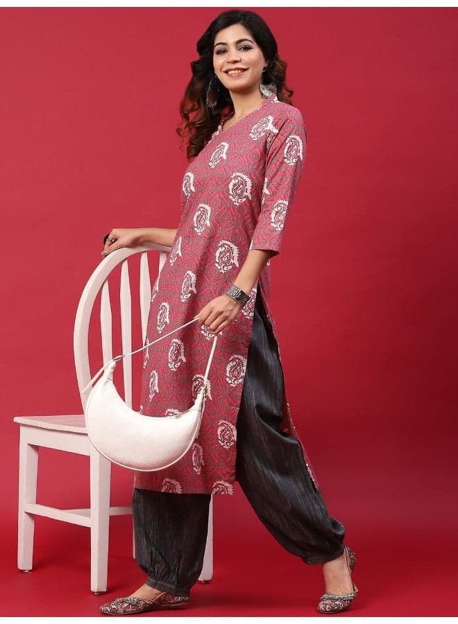 Grey & Pink Floral Kurta with Balloon Palazzo Set - Image 1