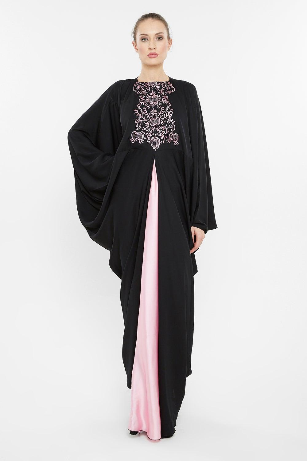 Black Pink Floral Embroidery Batwing Abaya AJ66A - Image 1