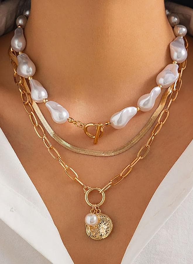 Styli Layered Gold Chain Necklace Set with Pearls - Image 1