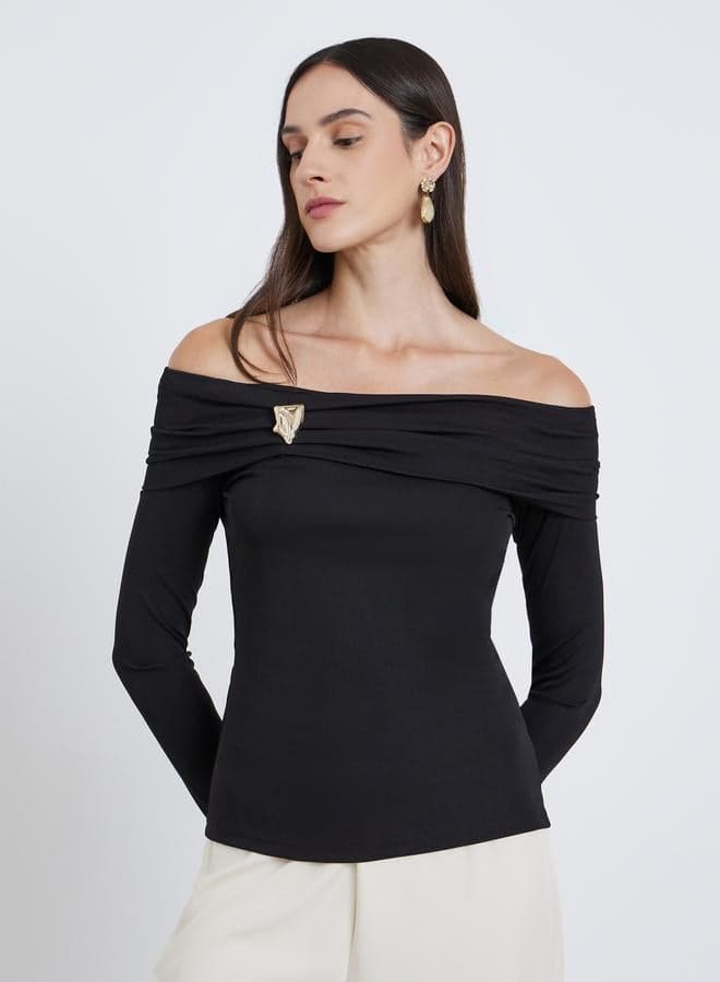 Styli Black Off-Shoulder Long Sleeve Knit Top - Image 1