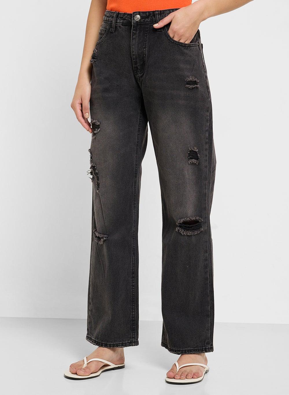 High Rise Relaxed Fit Distressed Denim Jeans - Image 1