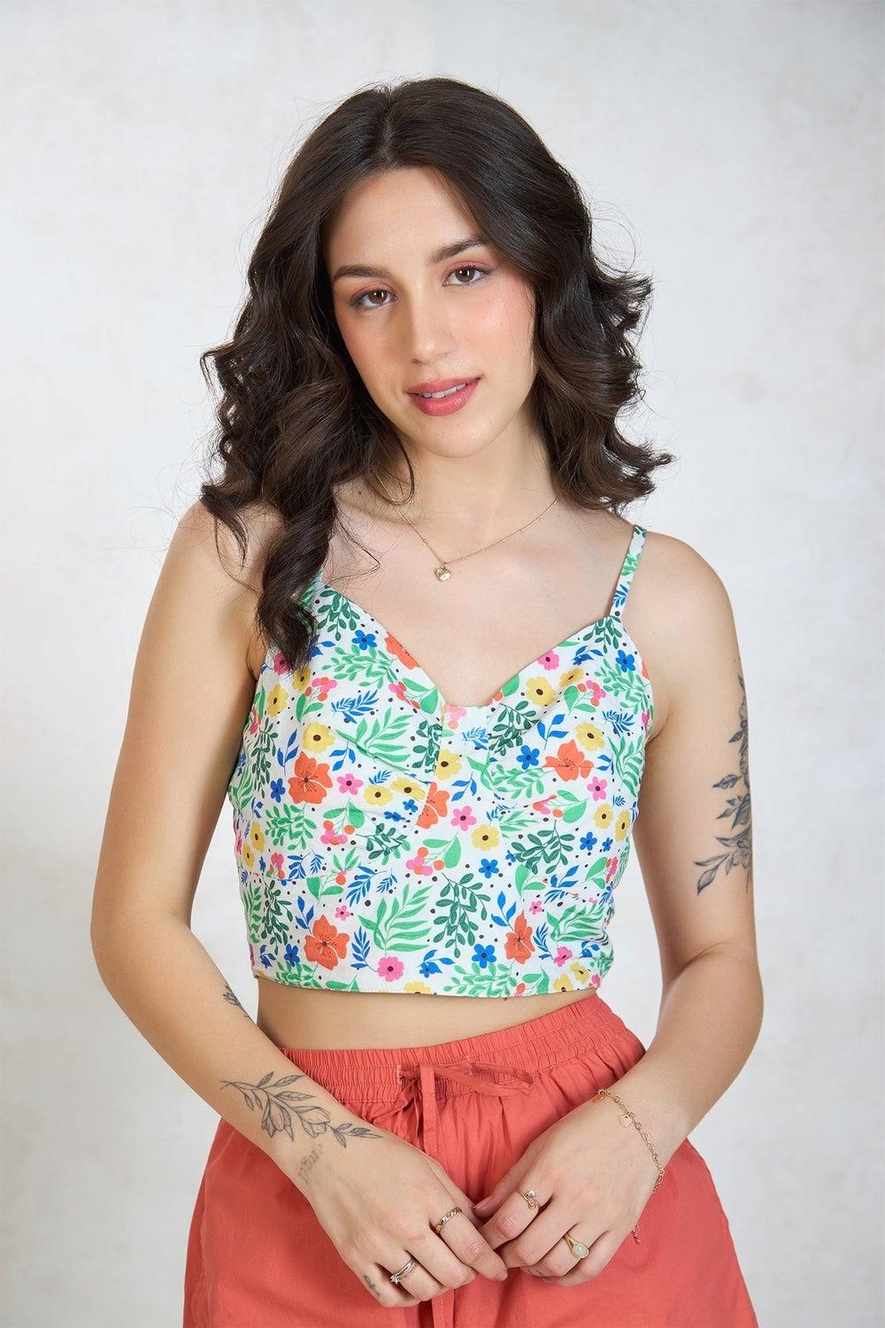VIRGIO Floral Cotton Bustier Strappy Crop Top - Image 1