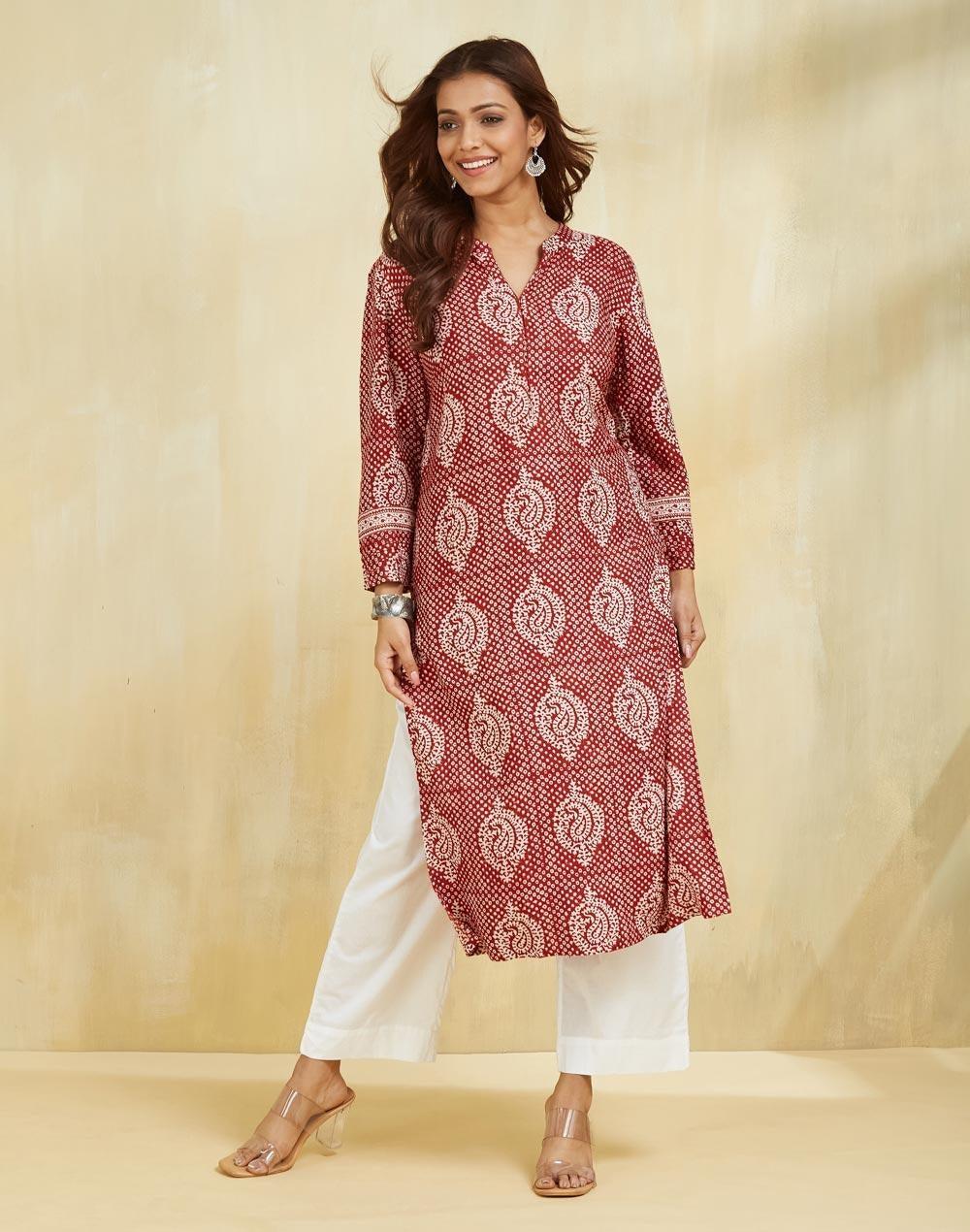 Maroon Printed Viscose Silk Long Kurta - Image 1
