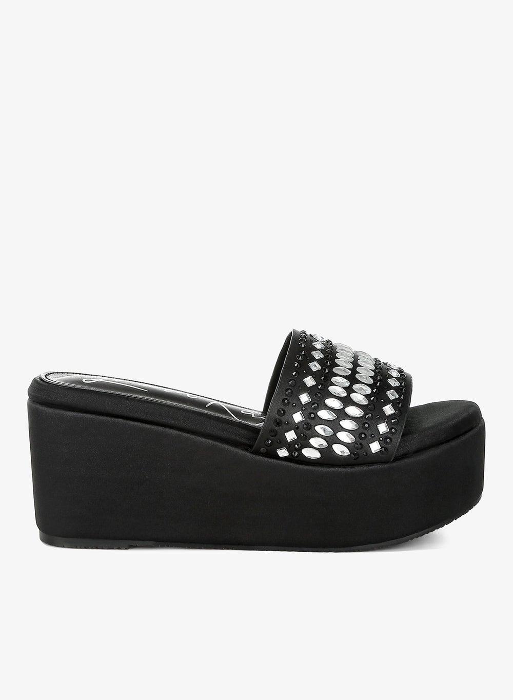 Black Diamante Rhinestone Flatform Sandals - Image 1