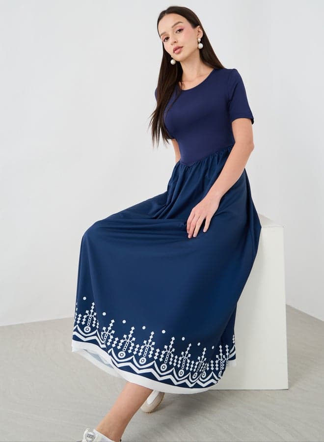 Navy Geometric Print Maxi Dress with Gathered Waist - Image 1