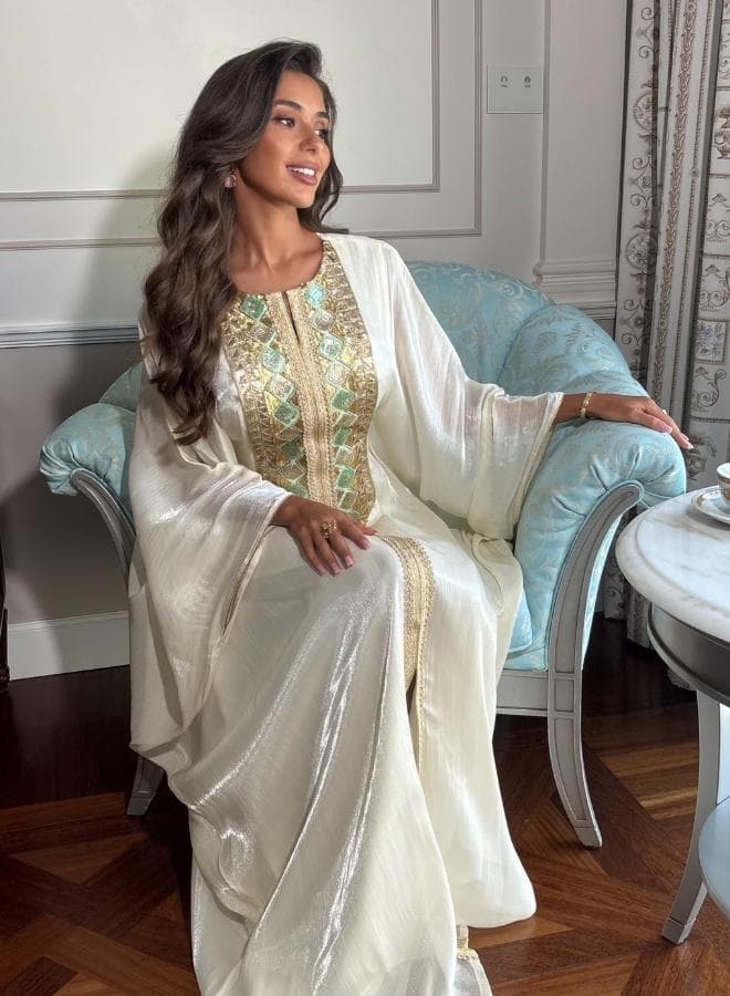Rahma Off White Sequin Chiffon Silk Kaftan - Image 1