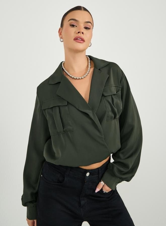 Notch Collar Wrap Blouse with Pocket Accent - Image 1