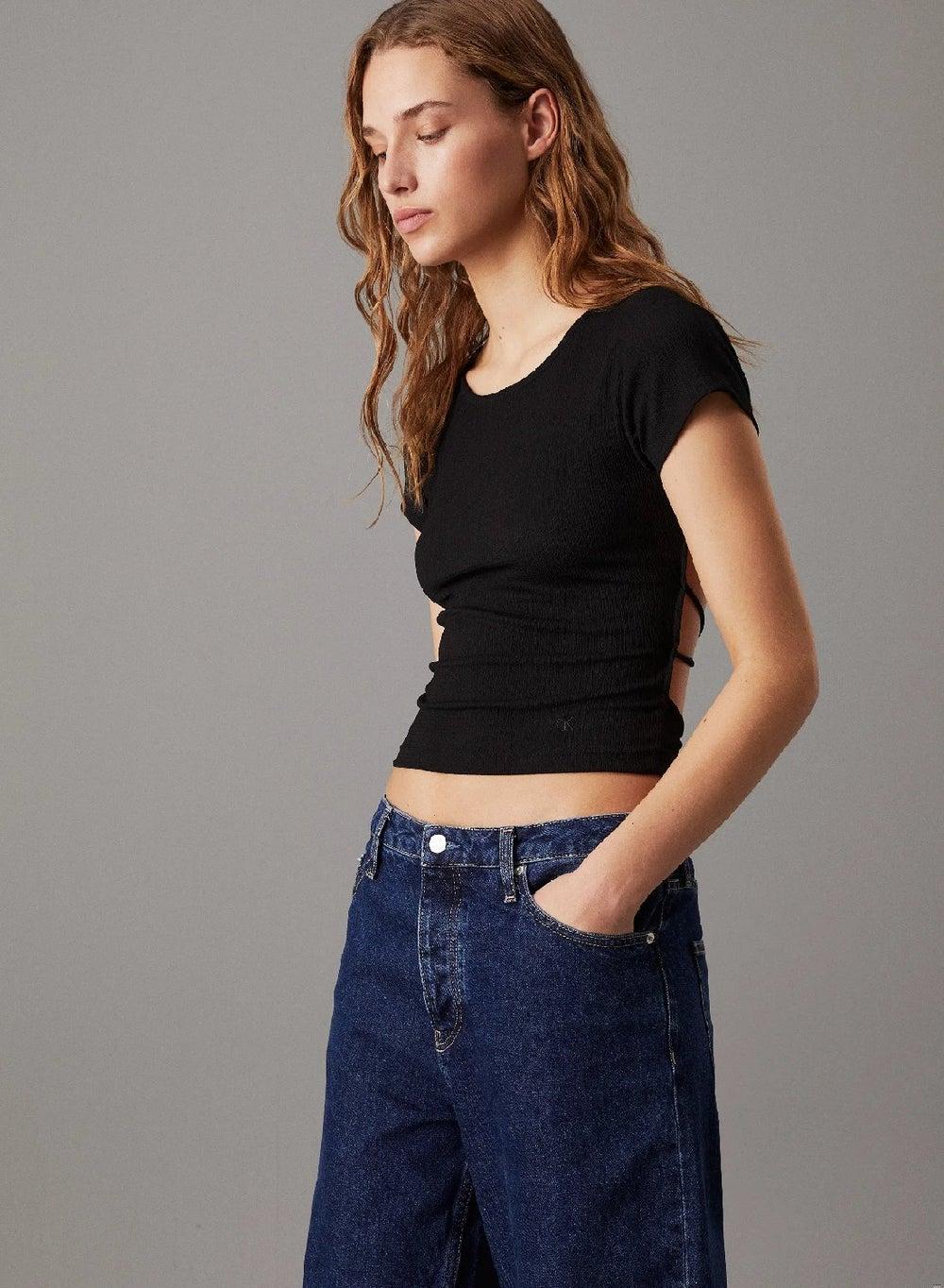 Tie Detail Open Back Slim Crepe Top - Image 1