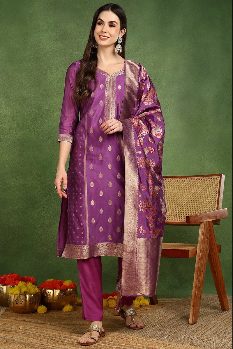 Purple Poly Chanderi Woven 3-Piece Kurta Set - Image 1