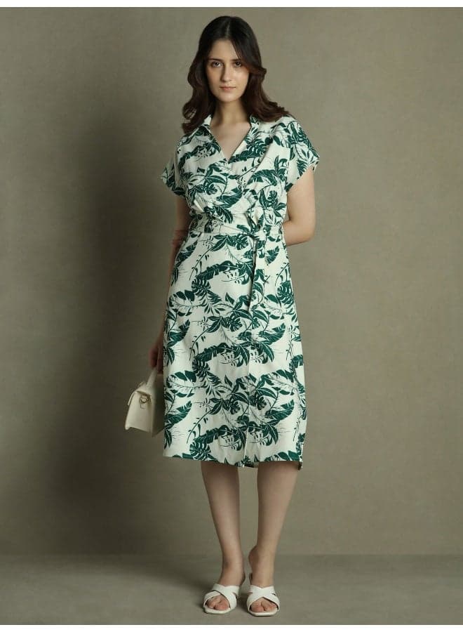 Tropical Leaf Print Wrap Midi Dress - Image 1