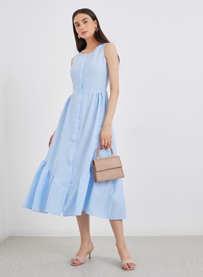 Blue Ruffled Buttoned Sleeveless Midi Dress - Image 1