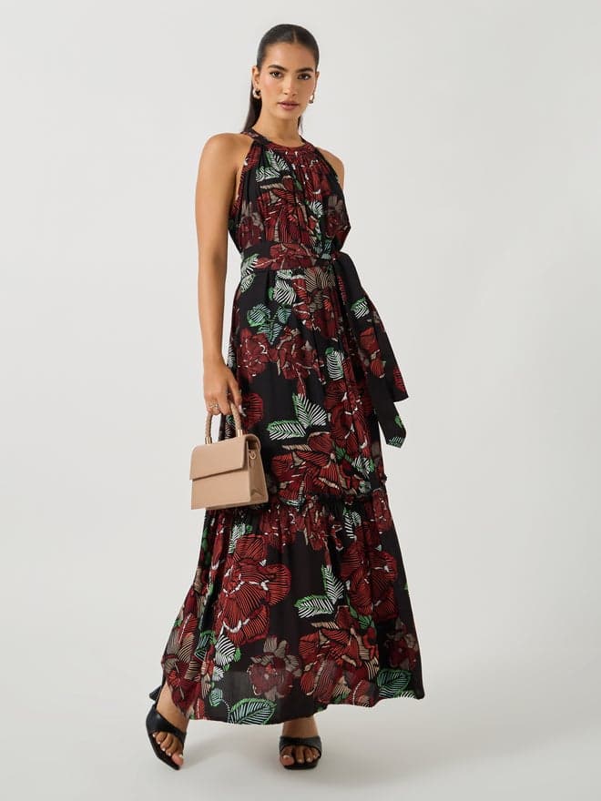 Dark Floral Halter Maxi Dress with Waist Tie - Image 1