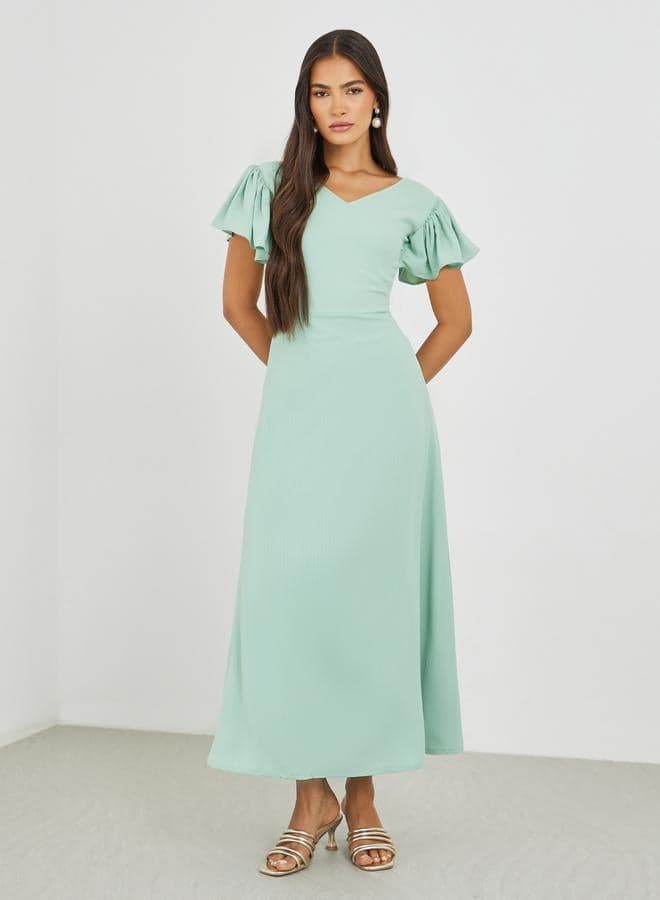 Aqua Flutter Sleeve V-Neck A-Line Maxi Dress - Image 1