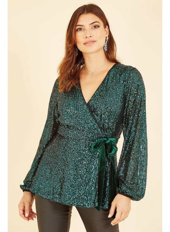 Green Sequin Wrap Top with Velvet Tie Detail - Image 1