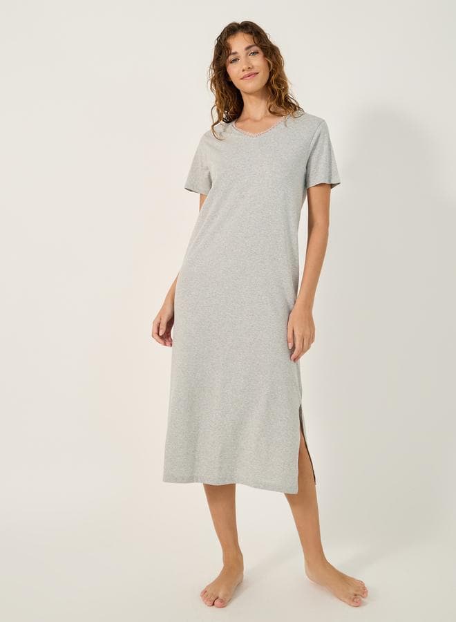 Styli Lace Trim V-Neck Side Slit Nightdress - Image 1