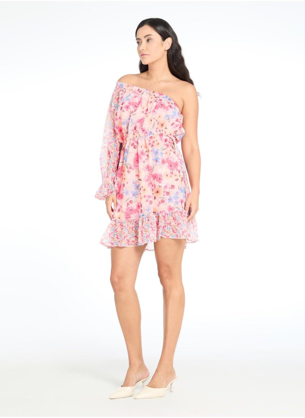Floral One-Shoulder Mini Dress with Ruffle Sleeve - Image 1