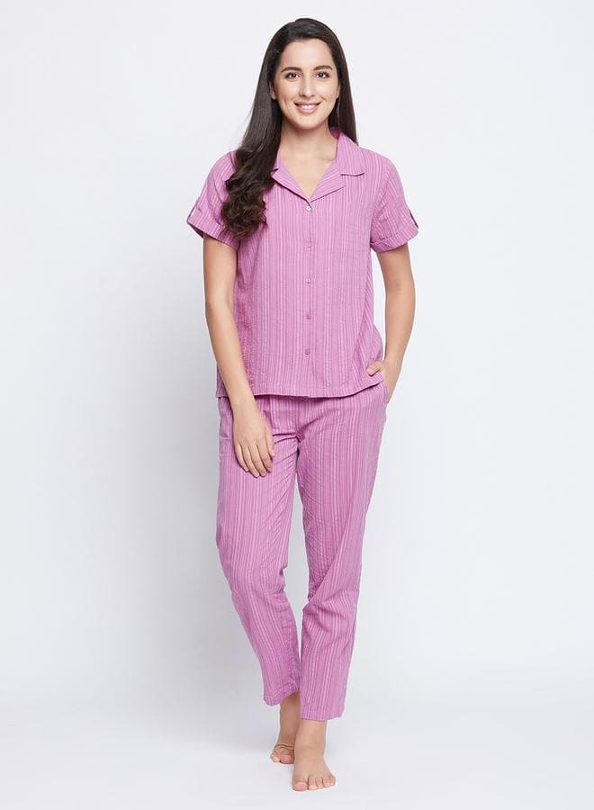Clovia Striped Button-Down Pyjama Set - Image 1