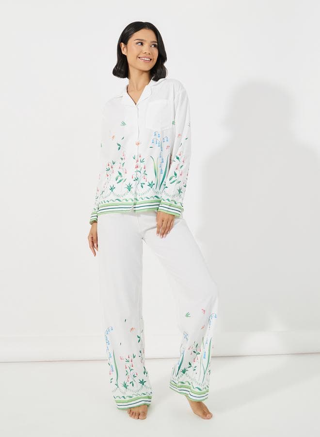 Floral Long Sleeve Shirt & Pants Pyjama Set - Image 1