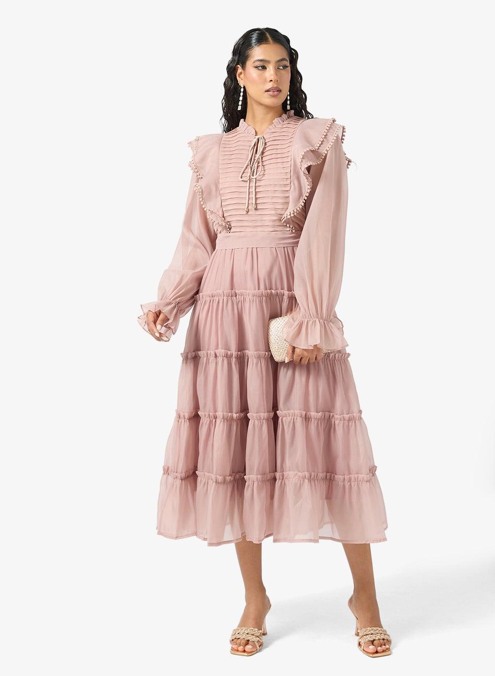 Tiered Midi Dress with Ruffle Shoulder Detail - Image 1