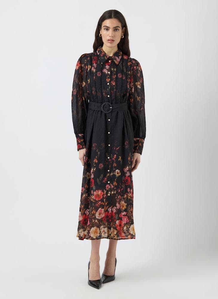 Floral Print Belted Midi Shirt Dress - Image 1