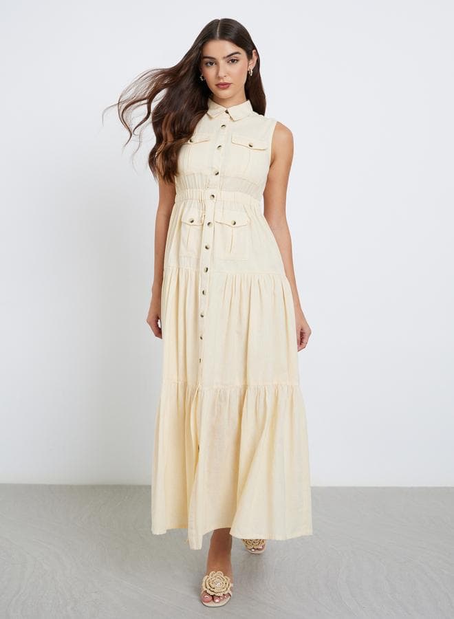 Styli Beige Sleeveless Tiered Maxi Shirt Dress - Image 1
