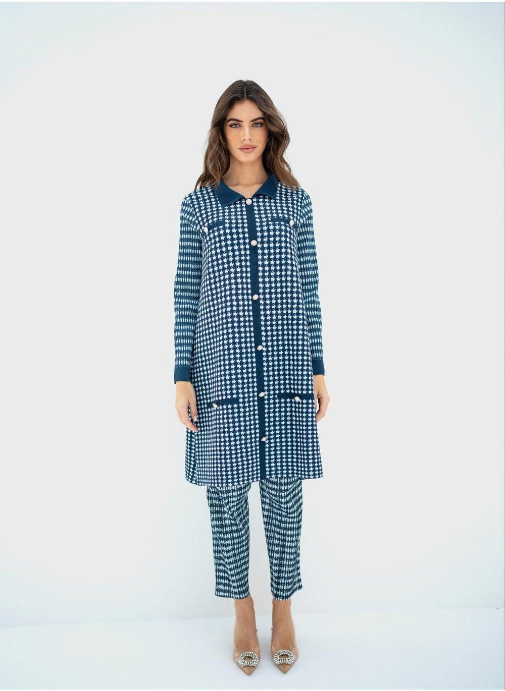 Pleated Collar Top & High-Waist Pants Set - Image 1