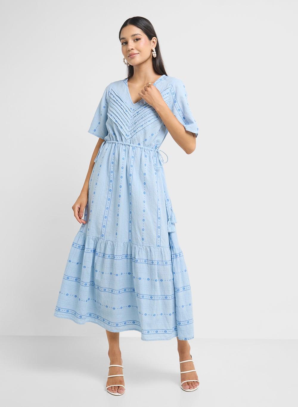 Light Blue Tiered Cotton Midi Dress with Pleated V-Neck - Image 1