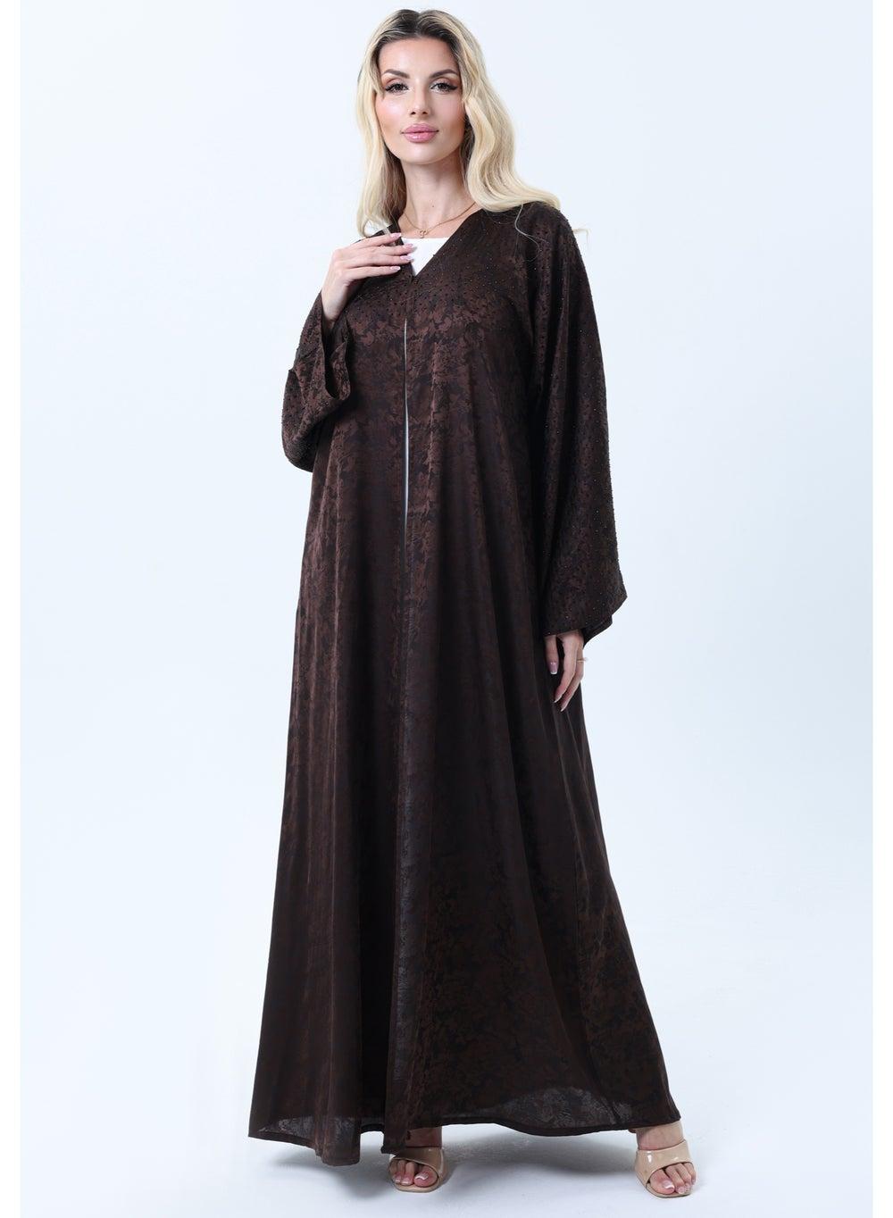 Brown Silk Floral Abaya with Rhinestone Detail & Sheila - Image 1