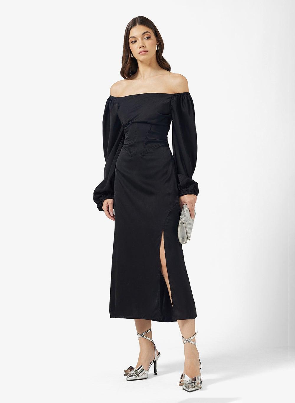 Puff Sleeve Midi Shift Dress - Image 1