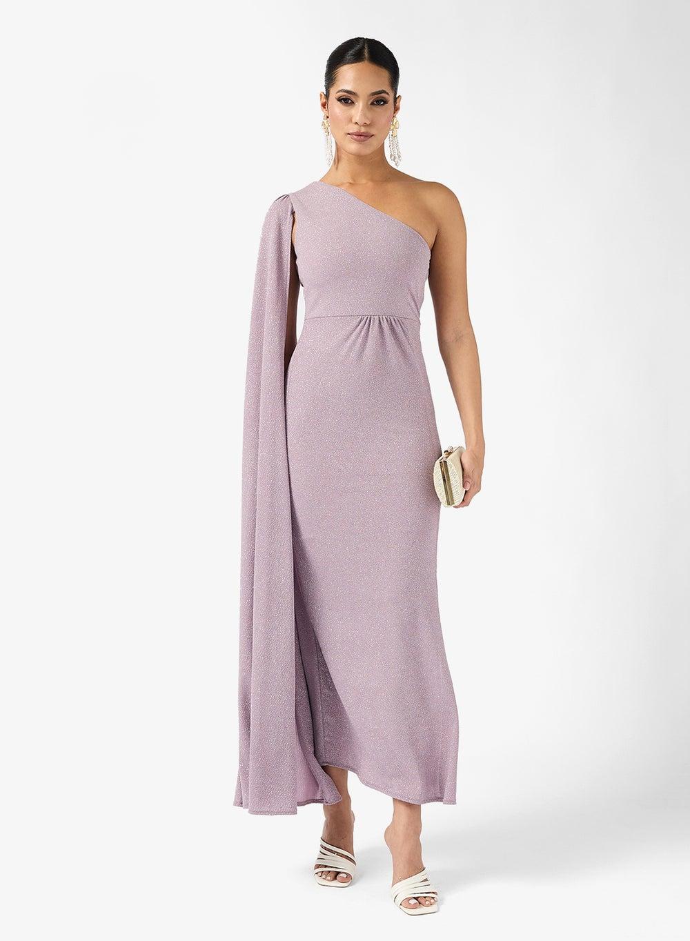 One-Shoulder Metallic Slit Maxi Dress - Image 1