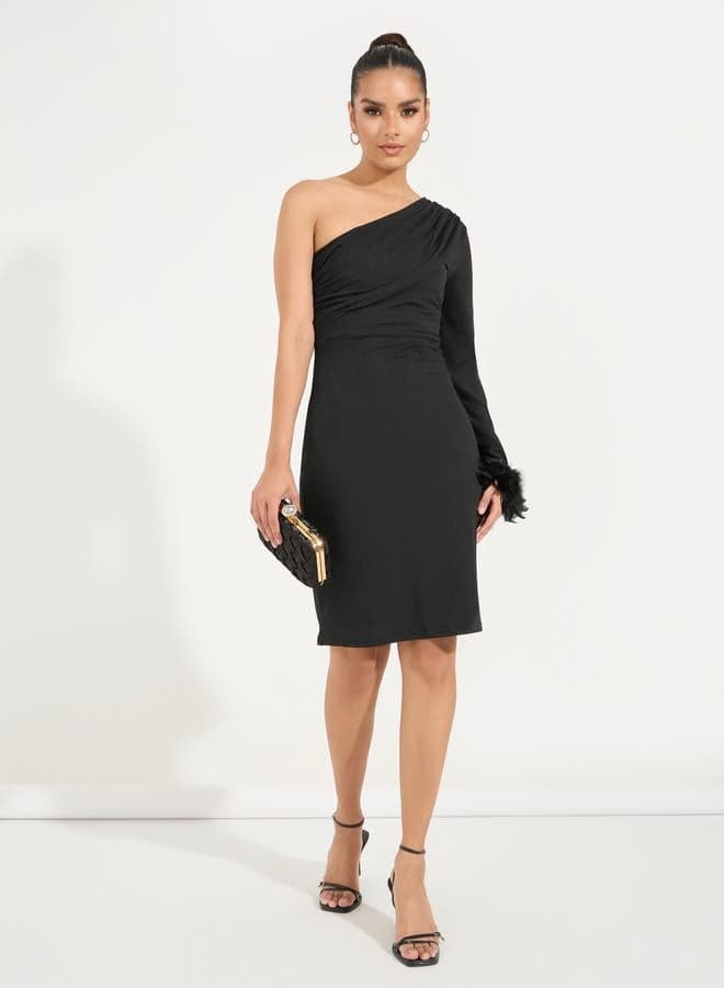 Styli One-Shoulder Feather Cuff Knee-Length Dress - Image 1