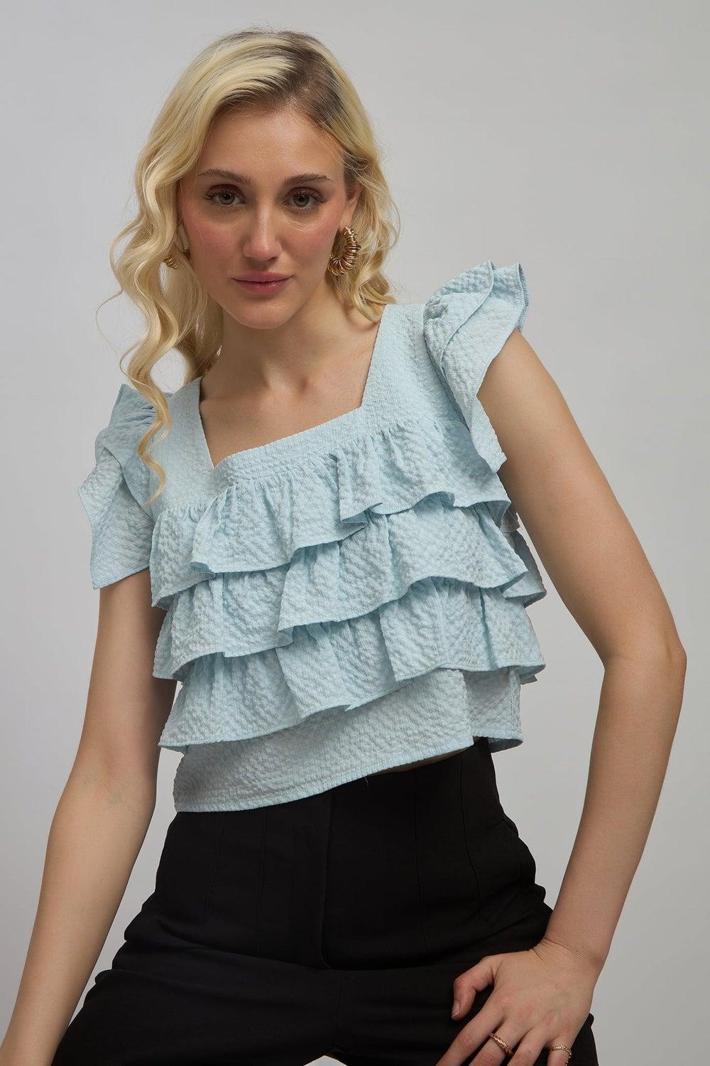 VIRGIO Blue Crepe Stretch Layered Square Neck Top - Image 1